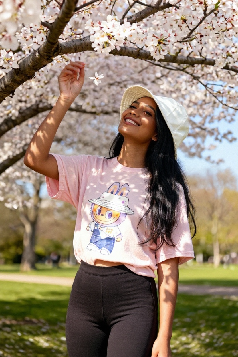 Cute Labubu Hope T-Shirt – Kawaii Pastel Character Tee with Bucket Hat & Overalls – Positive Vibes Shirt, Aesthetic Graphic Tee for Teens & Young Adults