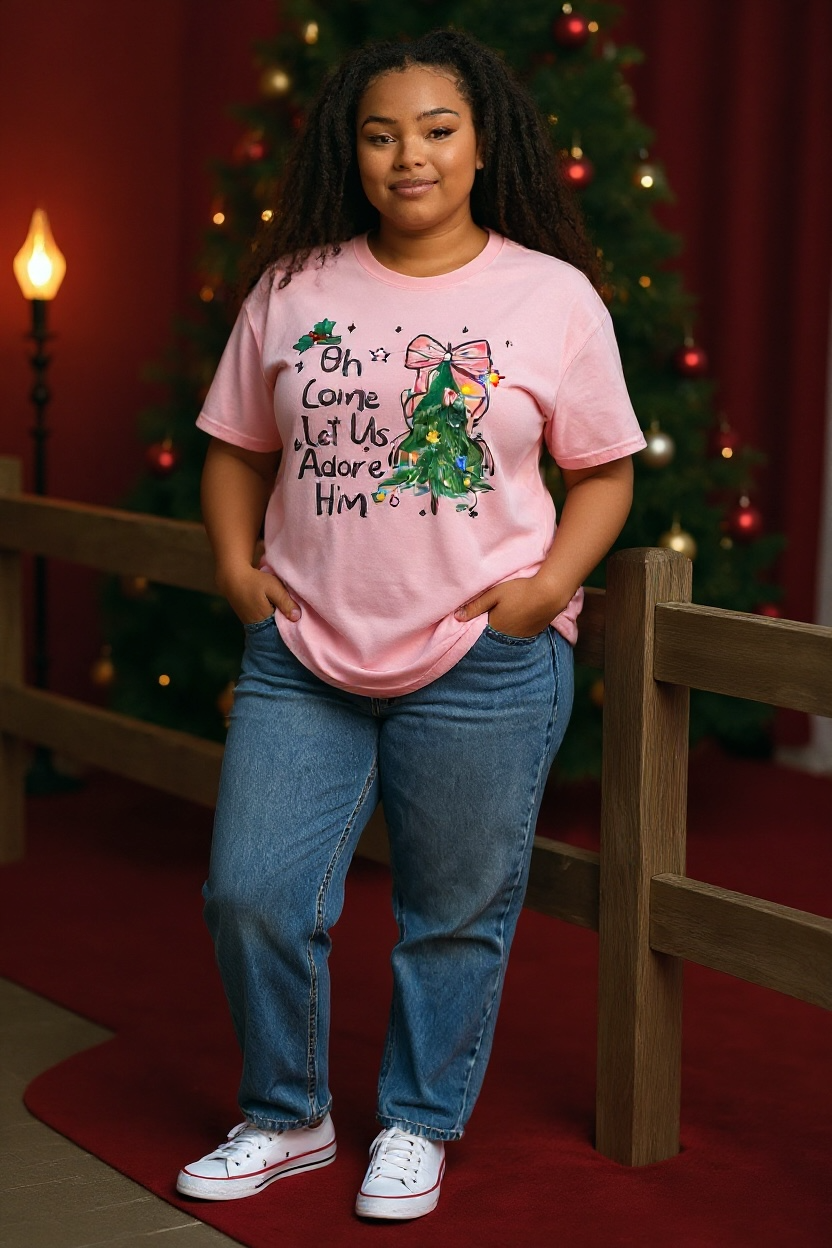 Oh Come Let Us Adore Him Christmas Sweatshirt – Cute Christian Holiday Shirt with Christmas Tree & Lights – Faith-Based Christmas Gift for Women