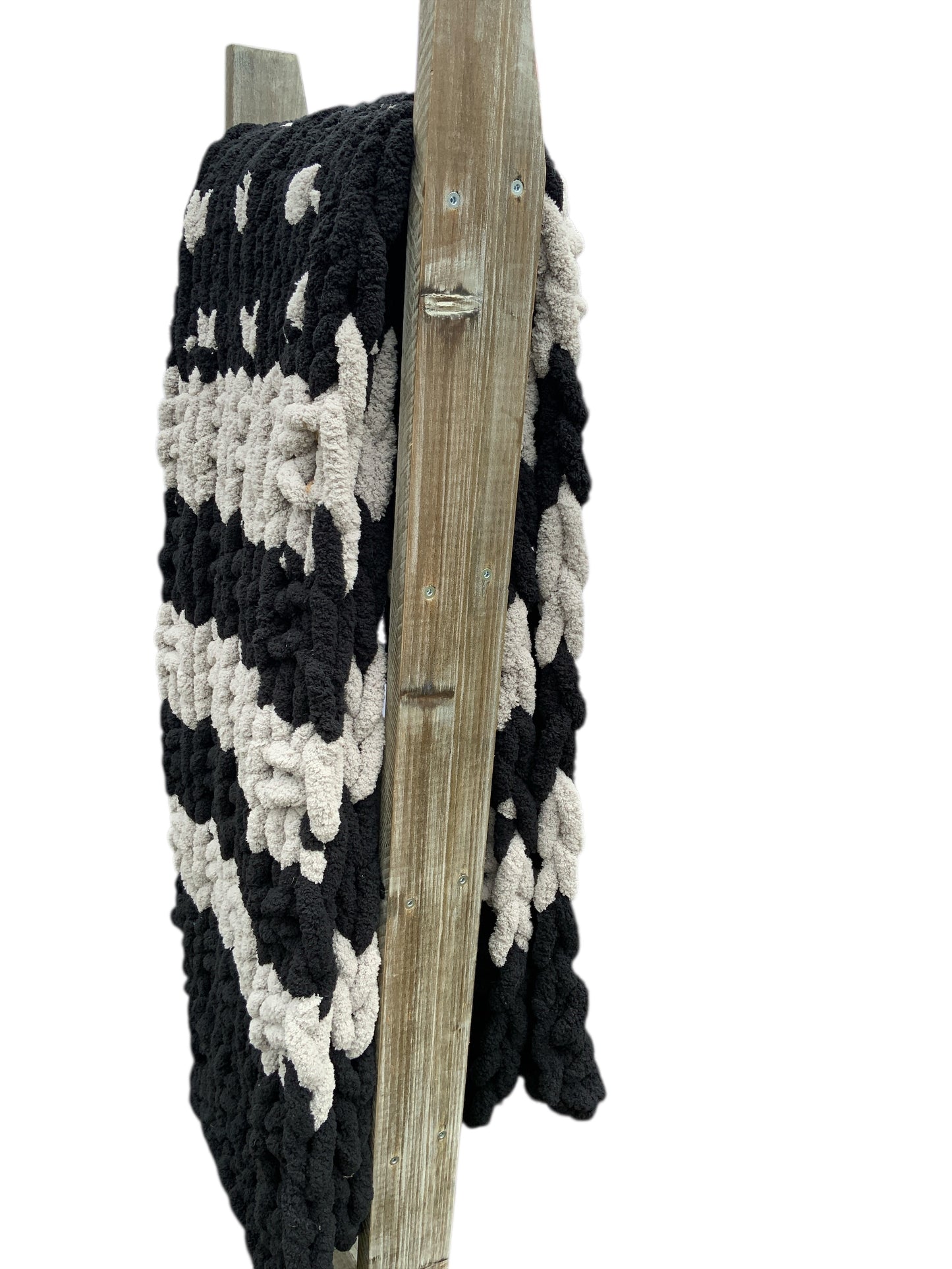 Blanket Hand-Knit Chunky Blanket – Black & Cream Striped Throw with Heart Stitch Design | Cozy Chenille Yarn Blanket | Handmade Home Décor Gift