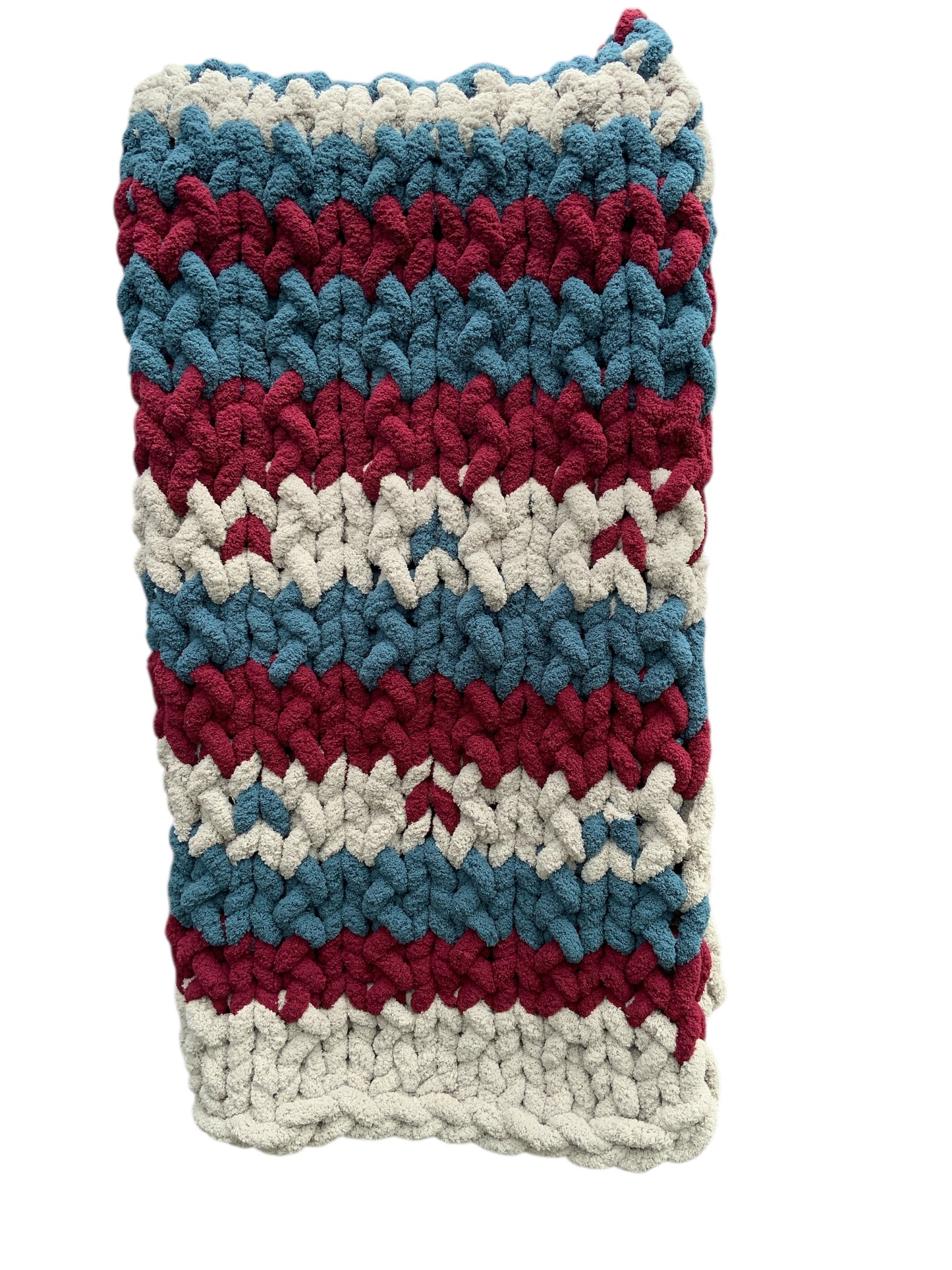 Hand-Knit Chunky Blanket – Cozy Striped Throw in Teal, Burgundy & Cream | Soft Chenille Yarn Lap Blanket | Handmade Home Décor Gift