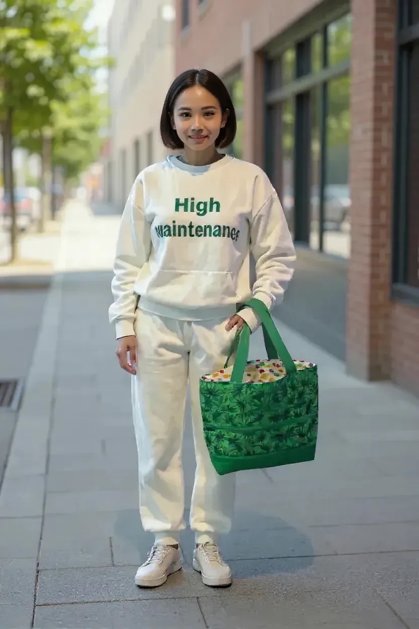 Handmade Green Leaf Print Tote Bag | Eco-Friendly Shoulder Bag with Zipper | Large Reusable Fabric Tote | Travel Bag | Stylish Everyday Purse