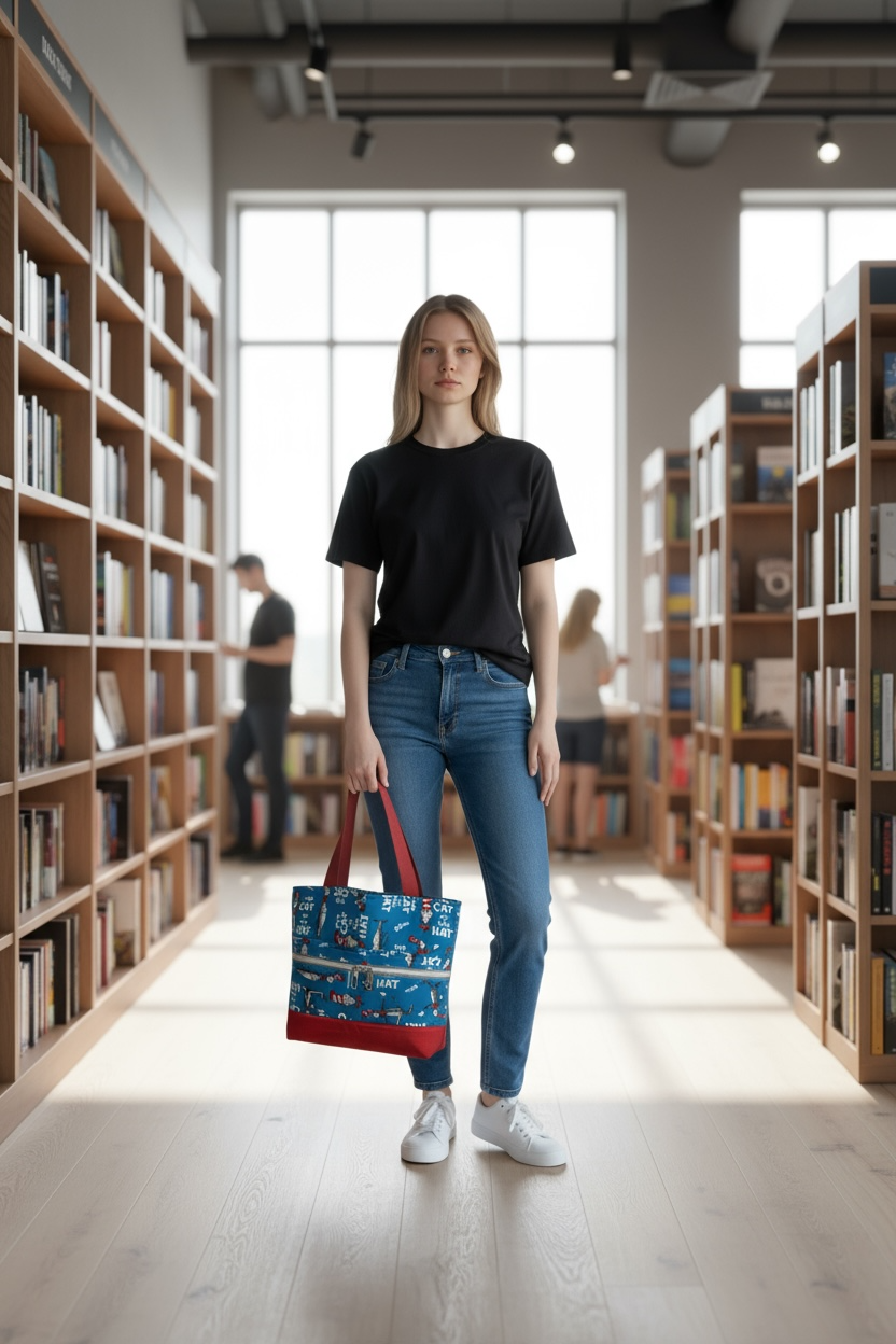 Handmade Dr. Seuss Cat in the Hat Tote Bag | Quilted Book Lover Gift | Teacher Appreciation Bag | Literary Reading Tote | Colorful Whimsical Fabric Bag