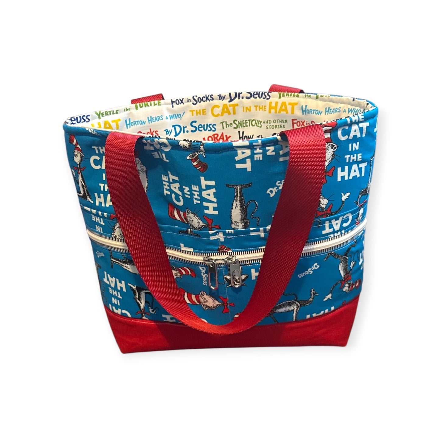 Handmade Dr. Seuss Cat in the Hat Tote Bag | Quilted Book Lover Gift | Teacher Appreciation Bag | Literary Reading Tote | Colorful Whimsical Fabric Bag