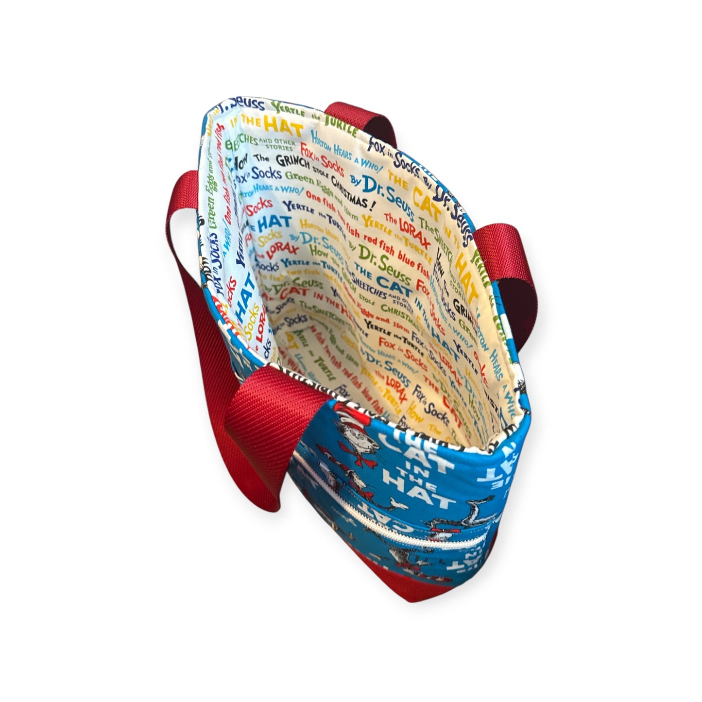 Handmade Dr. Seuss Cat in the Hat Tote Bag | Quilted Book Lover Gift | Teacher Appreciation Bag | Literary Reading Tote | Colorful Whimsical Fabric Bag