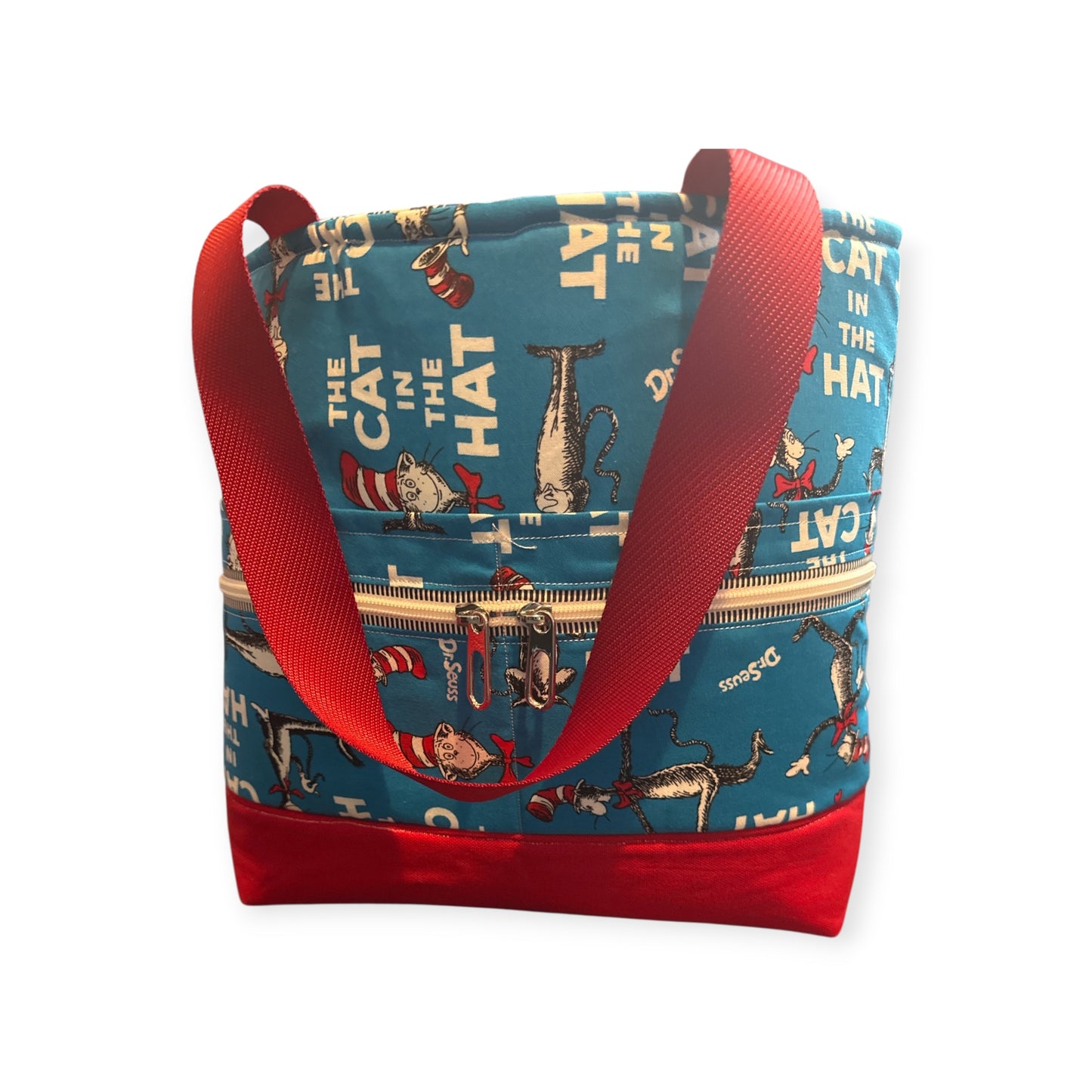 Handmade Dr. Seuss Cat in the Hat Tote Bag | Quilted Book Lover Gift | Teacher Appreciation Bag | Literary Reading Tote | Colorful Whimsical Fabric Bag