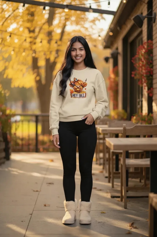 Handmade Hey Fall Highland Cow Sweatshirt | Cozy Autumn Crewneck | Cute Fall Cow Pullover | Rustic Farmhouse Fall Sweater | Pumpkin Patch Outfit Gif
