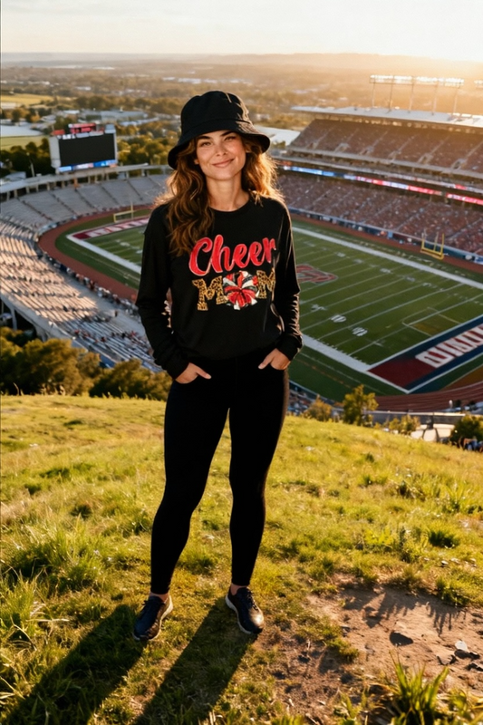 Show your spirit and sparkle with this eye-catching Cheer Mom tee or sweatshirt — perfect for every proud cheer parent!