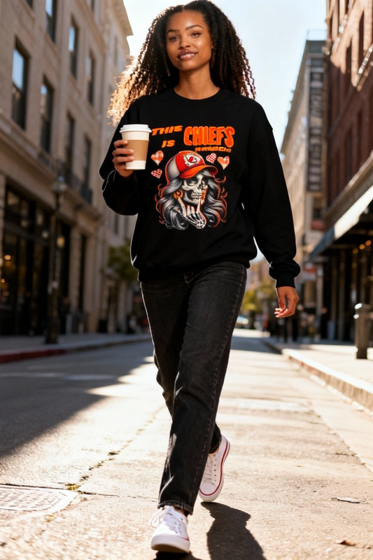 Handmade This Is Chiefs Kingdom Sweatshirt | Kansas City Football Skull Girl Pullover | Game Day Hoodie | Edgy Chiefs Fan Crewneck | Red & Black Fall Sweatshirt