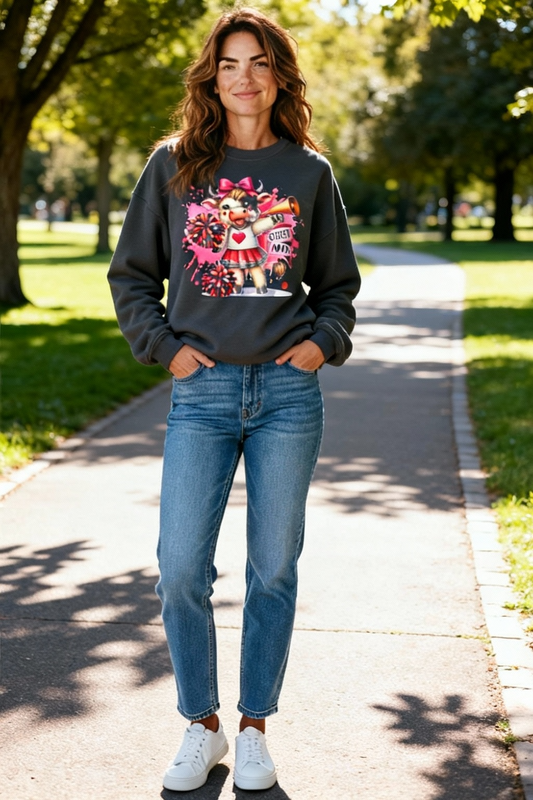 Cheer Mom Cow Sweatshirt – Cute Cheerleader Cow Graphic Crewneck – Funny Animal Spirit Wear, Game Day Outfit & Cheer Mom Gift