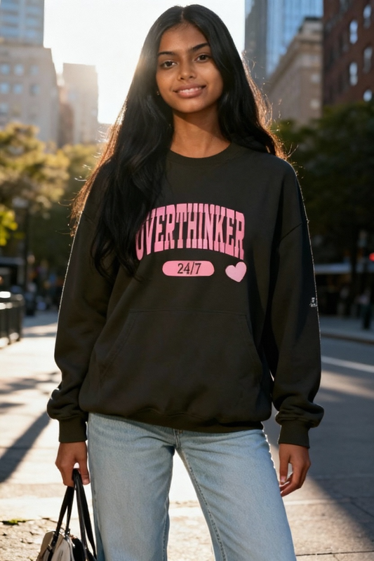 Overthinker 24/7 Sweatshirt – Funny Mental Health Crewneck – Cozy Self-Care Gift for Women, Relatable Quote Sweater, Soft Casual Pullover