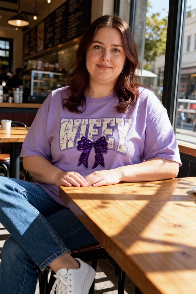 Wifey Short Sleeve Shirt – Cute Purple Bow Graphic Tee for Wives & Brides – Glitter Style Letter Design, Aesthetic Girly Gift, Bride or Anniversary Shirt