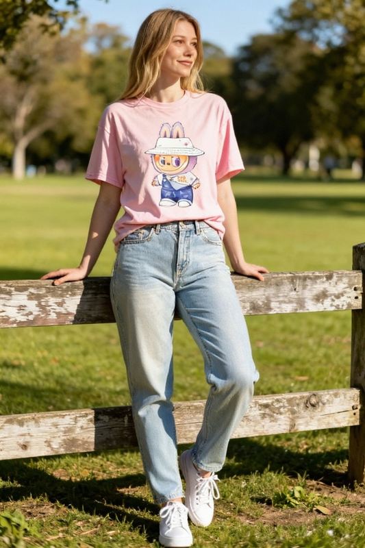Cute Labubu Hope T-Shirt – Kawaii Pastel Character Tee with Bucket Hat & Overalls – Positive Vibes Shirt, Aesthetic Graphic Tee for Teens & Young Adults