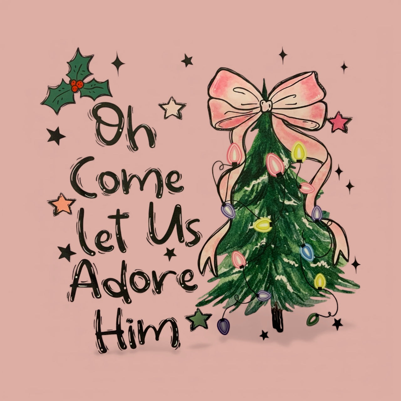 Oh Come Let Us Adore Him Christmas Sweatshirt – Cute Christian Holiday Shirt with Christmas Tree &amp; Lights – Faith-Based Christmas Gift for Women