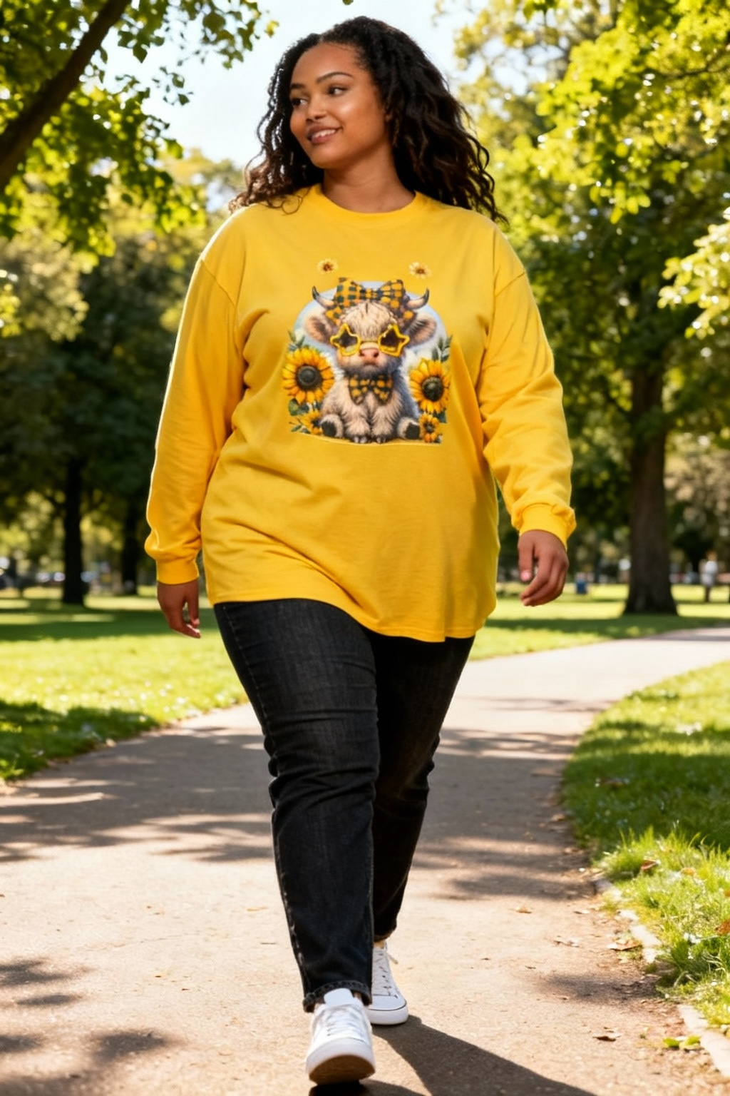 Handmade Sunflower Highland Cow Long Sleeve Shirt | Cute Fall Cow Top | Yellow Plaid Bow Cow Tee | Cozy Autumn Long Sleeve | Rustic Farmhouse Gift for Her