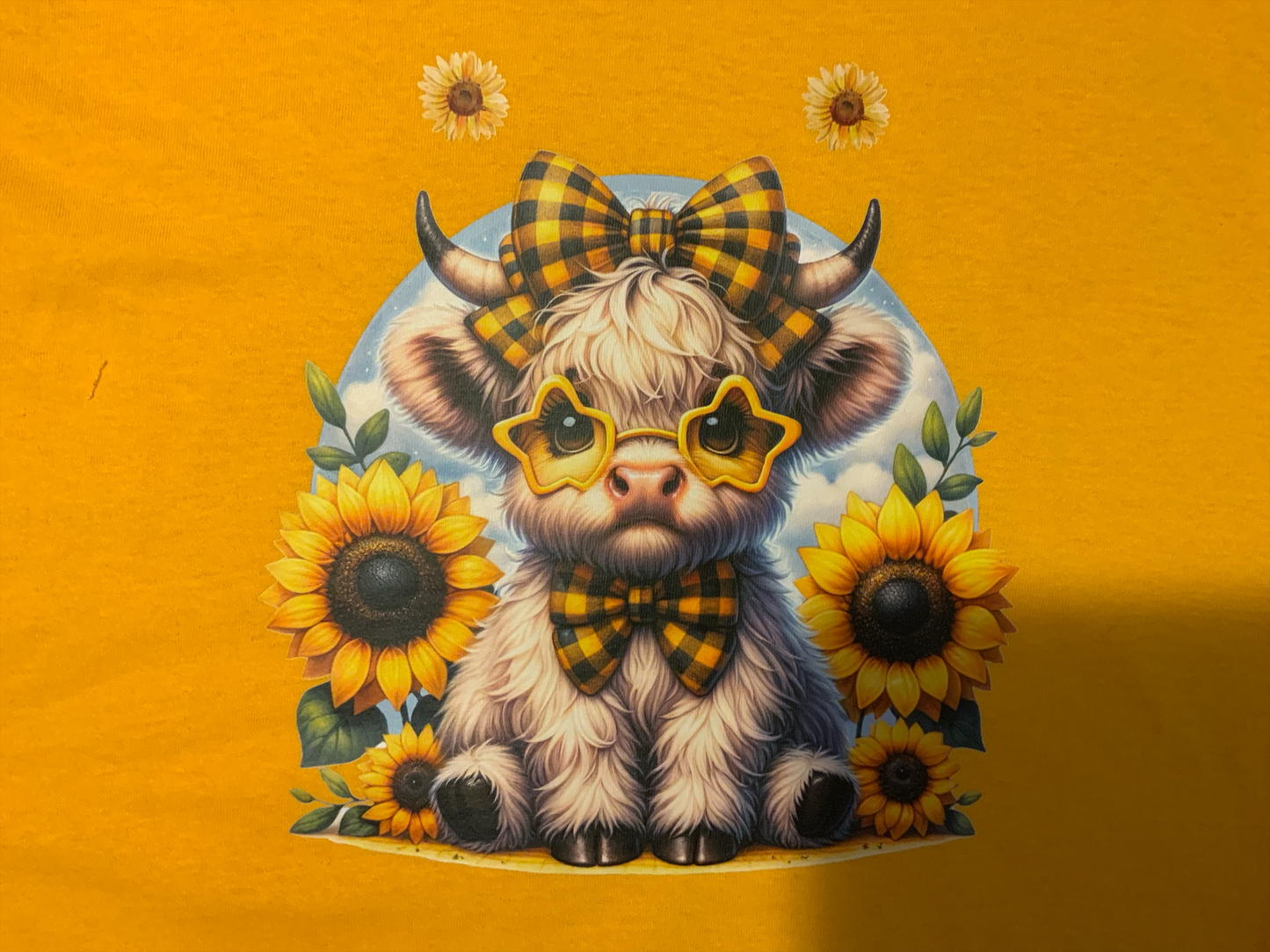 Handmade Sunflower Highland Cow Long Sleeve Shirt | Cute Fall Cow Top | Yellow Plaid Bow Cow Tee | Cozy Autumn Long Sleeve | Rustic Farmhouse Gift for Her