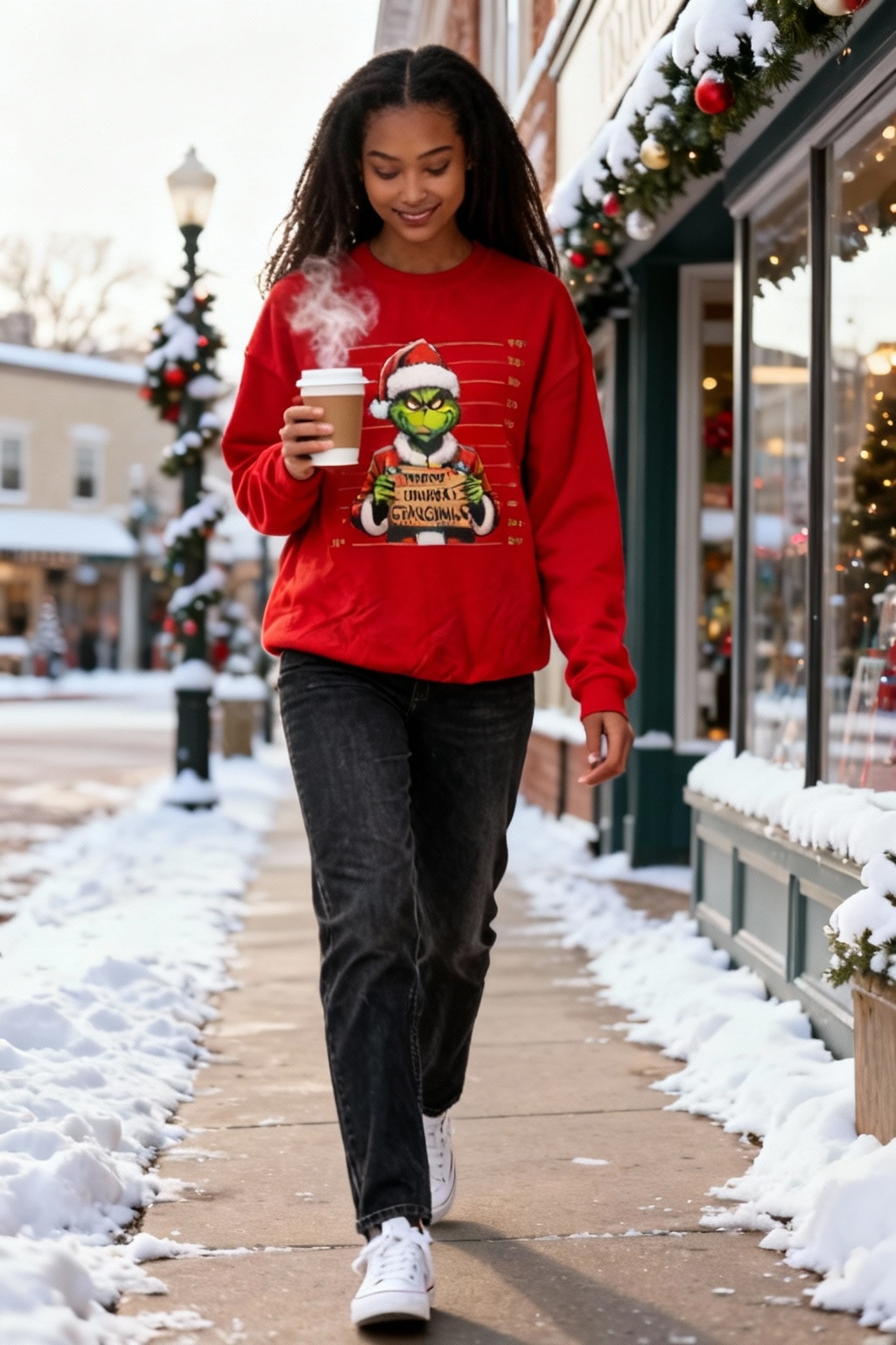 Merry Grinchmas Sweatshirt – Funny Christmas Sweatshirt for Grinch Lovers – Holiday Crewneck with Lights, Santa Hat &amp; Naughty List Design – Cozy Xmas Gift