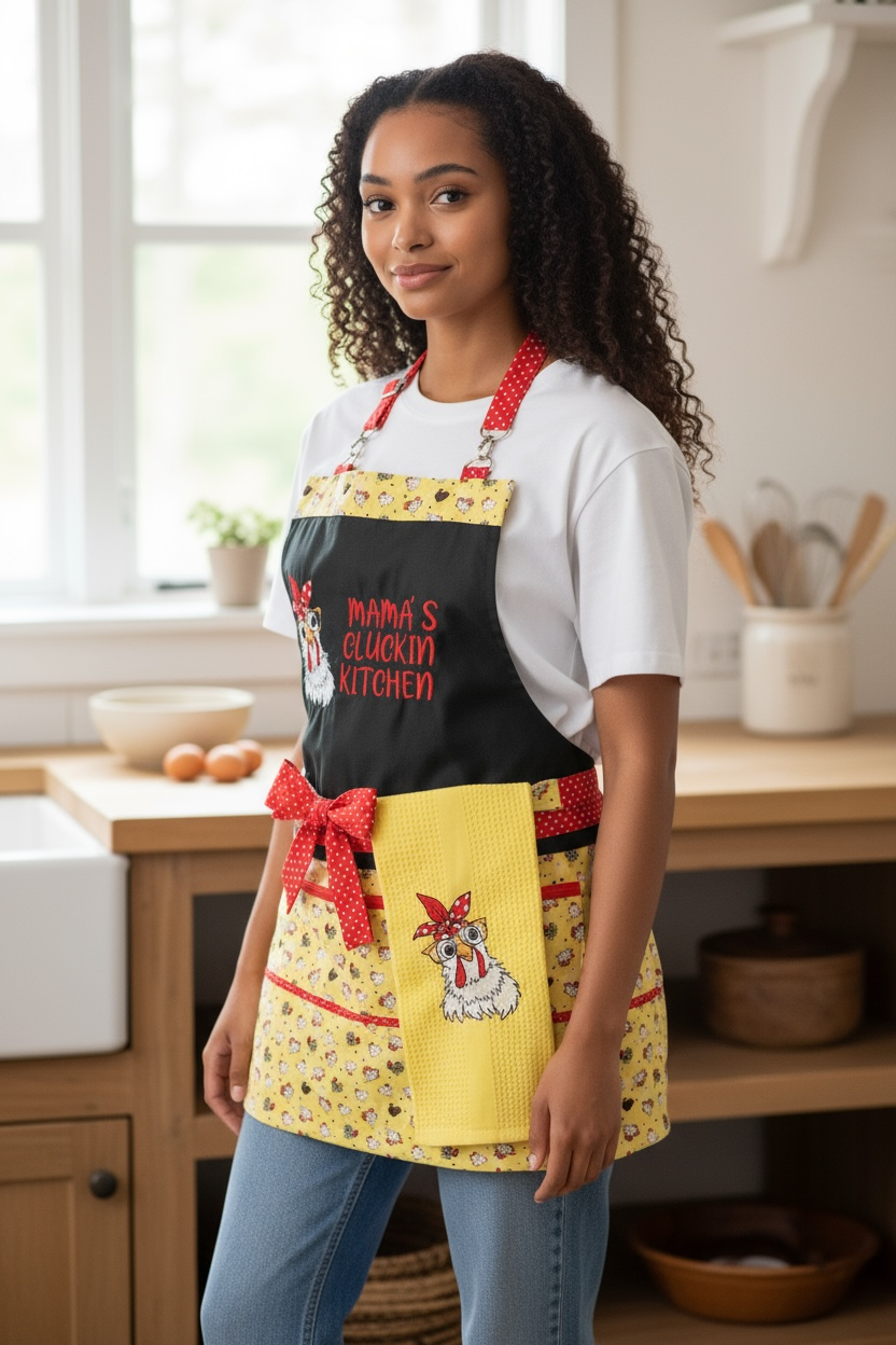 Mama’s Cluckin’ Kitchen Apron – Funny Chicken Apron for Moms – Farmhouse Kitchen Gift, Cute Cooking Apron with Pockets & Retro Chicken Design