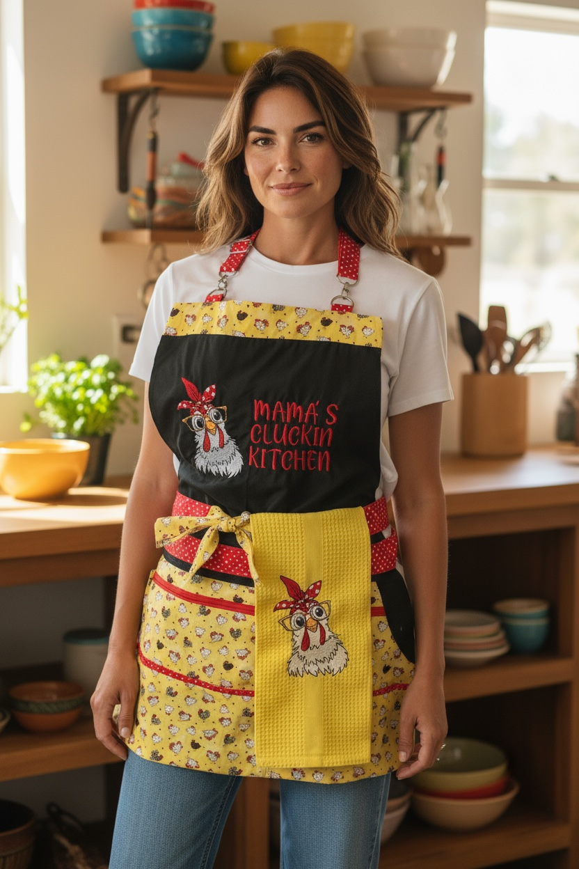 Mama’s Cluckin’ Kitchen Apron – Funny Chicken Apron for Moms – Farmhouse Kitchen Gift, Cute Cooking Apron with Pockets & Retro Chicken Design