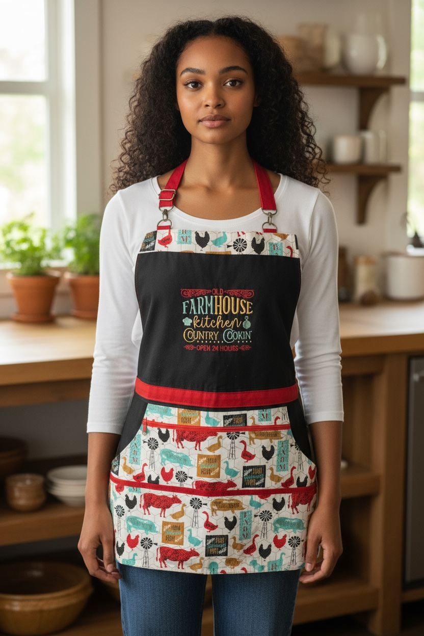 Farmhouse Kitchen Apron – Country Cooking Apron with Pockets – Rustic Farmhouse Decor Gift for Moms & Bakers, Chicken Print Kitchen Apron