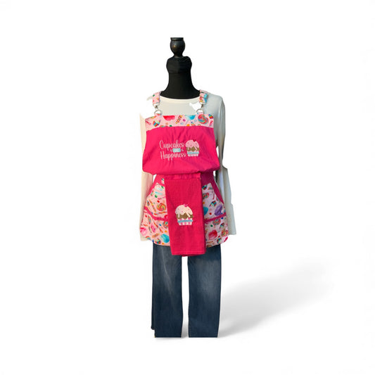 Cupcakes = Happiness Apron – Cute Pink Baking Apron with Pockets – Fun Kitchen Gift for Bakers, Moms & Cupcake Lovers, Sweet Dessert Cooking Apron