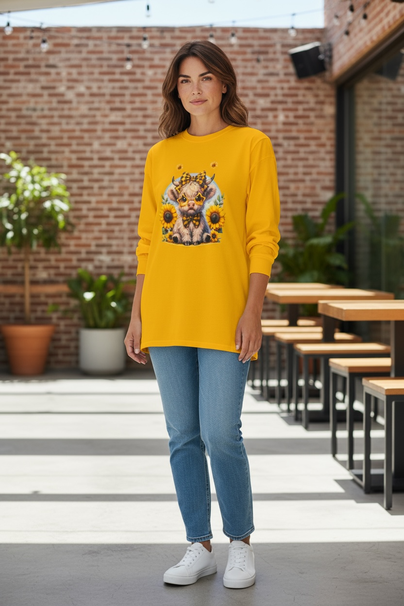 Handmade Sunflower Highland Cow Long Sleeve Shirt | Cute Fall Cow Top | Yellow Plaid Bow Cow Tee | Cozy Autumn Long Sleeve | Rustic Farmhouse Gift for Her