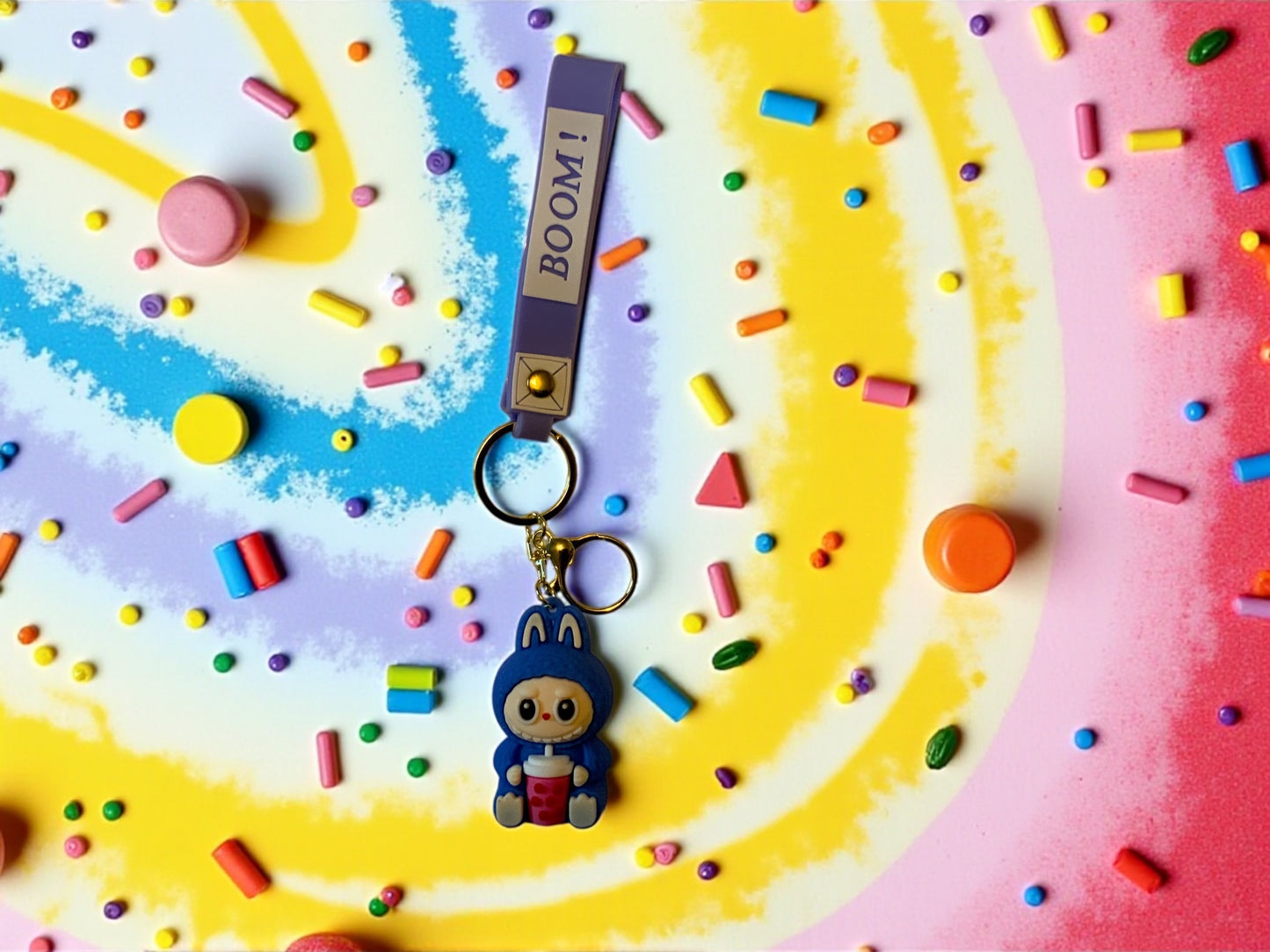 Labubu Boom Keychain – Cute Kawaii Character Keychain with Wrist Strap – Anime-Inspired Collectible Accessory, Gift for Teens & Fans
