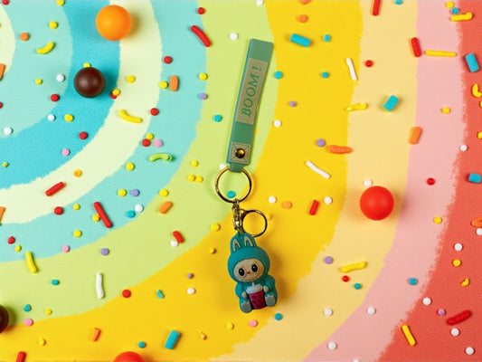 Labubu Boom Keychain – Cute Kawaii Character Keychain with Wrist Strap – Anime-Inspired Collectible Accessory, Gift for Teens & Fans