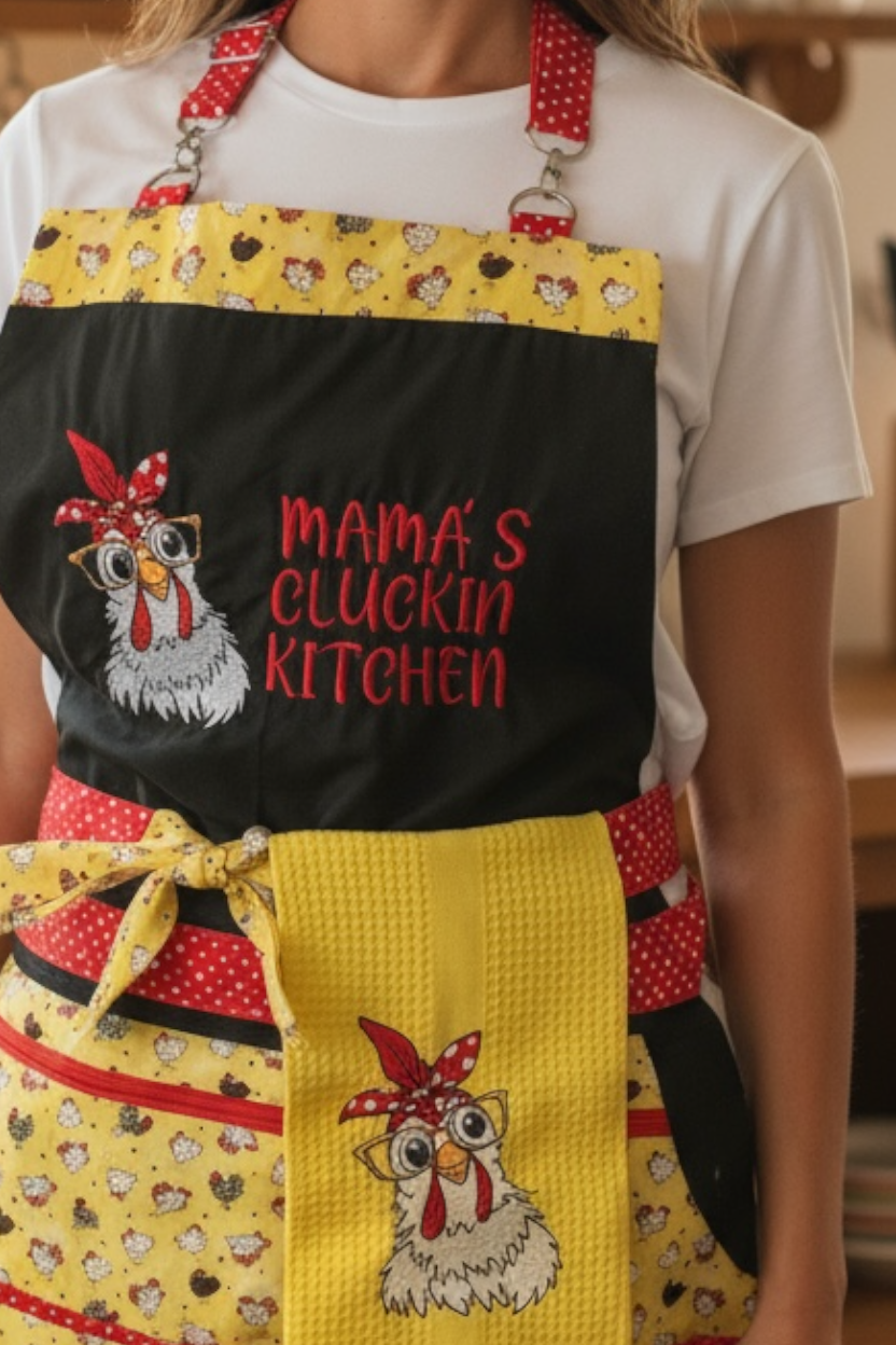 Mama’s Cluckin’ Kitchen Apron – Funny Chicken Apron for Moms – Farmhouse Kitchen Gift, Cute Cooking Apron with Pockets & Retro Chicken Design