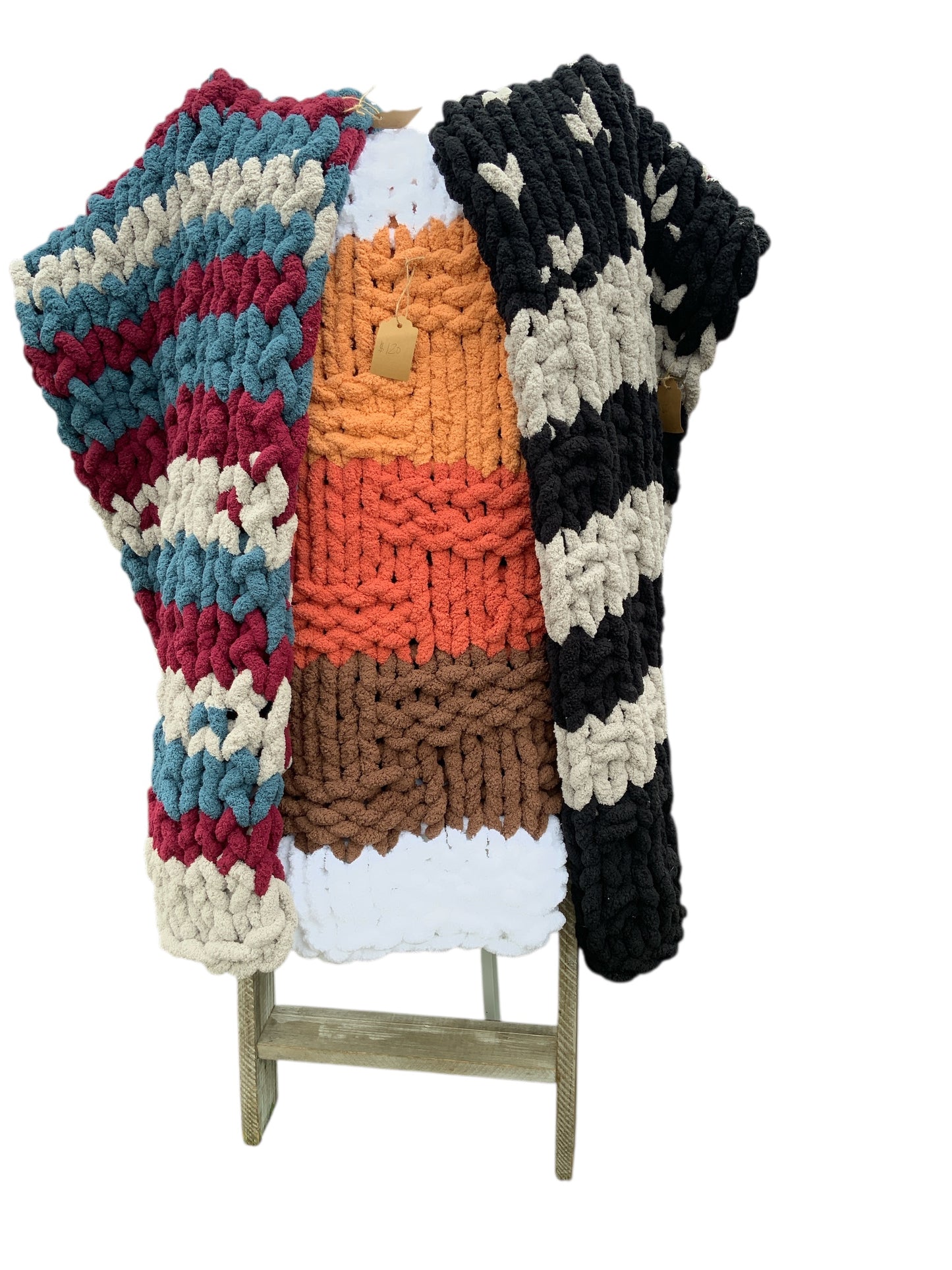 Blanket Hand-Knit Chunky Blanket – Black & Cream Striped Throw with Heart Stitch Design | Cozy Chenille Yarn Blanket | Handmade Home Décor Gift