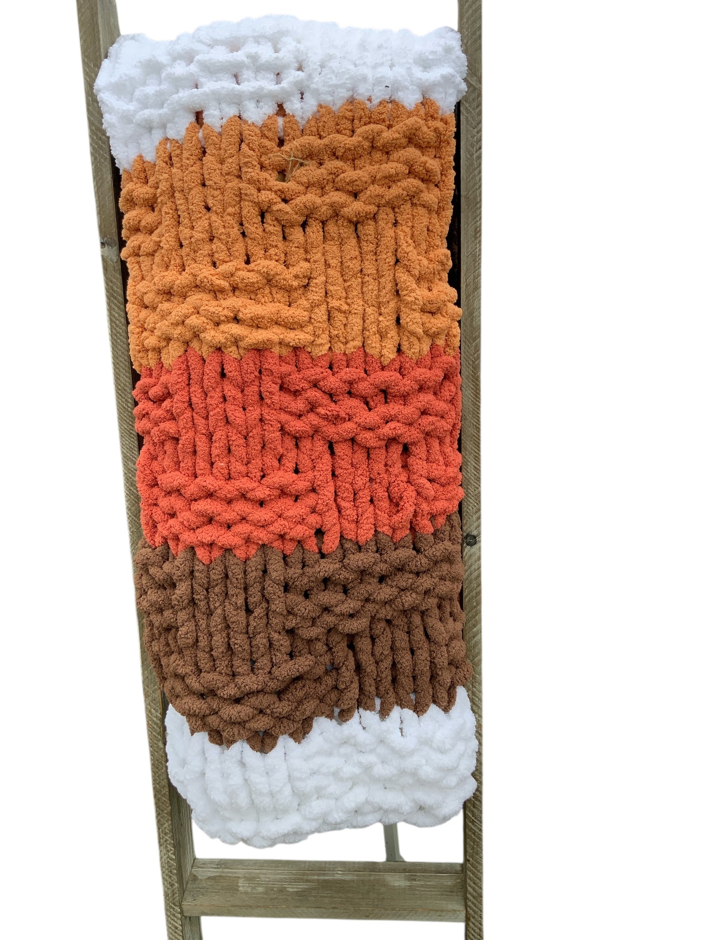 Hand-Knit Chunky Blanket – Autumn Color Block Throw in White, Burnt Orange & Brown | Cozy Chenille Yarn Blanket | Handmade Fall Home Décor Gift