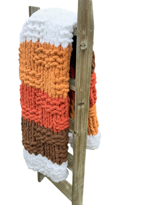 Hand-Knit Chunky Blanket – Autumn Color Block Throw in White, Burnt Orange & Brown | Cozy Chenille Yarn Blanket | Handmade Fall Home Décor Gift