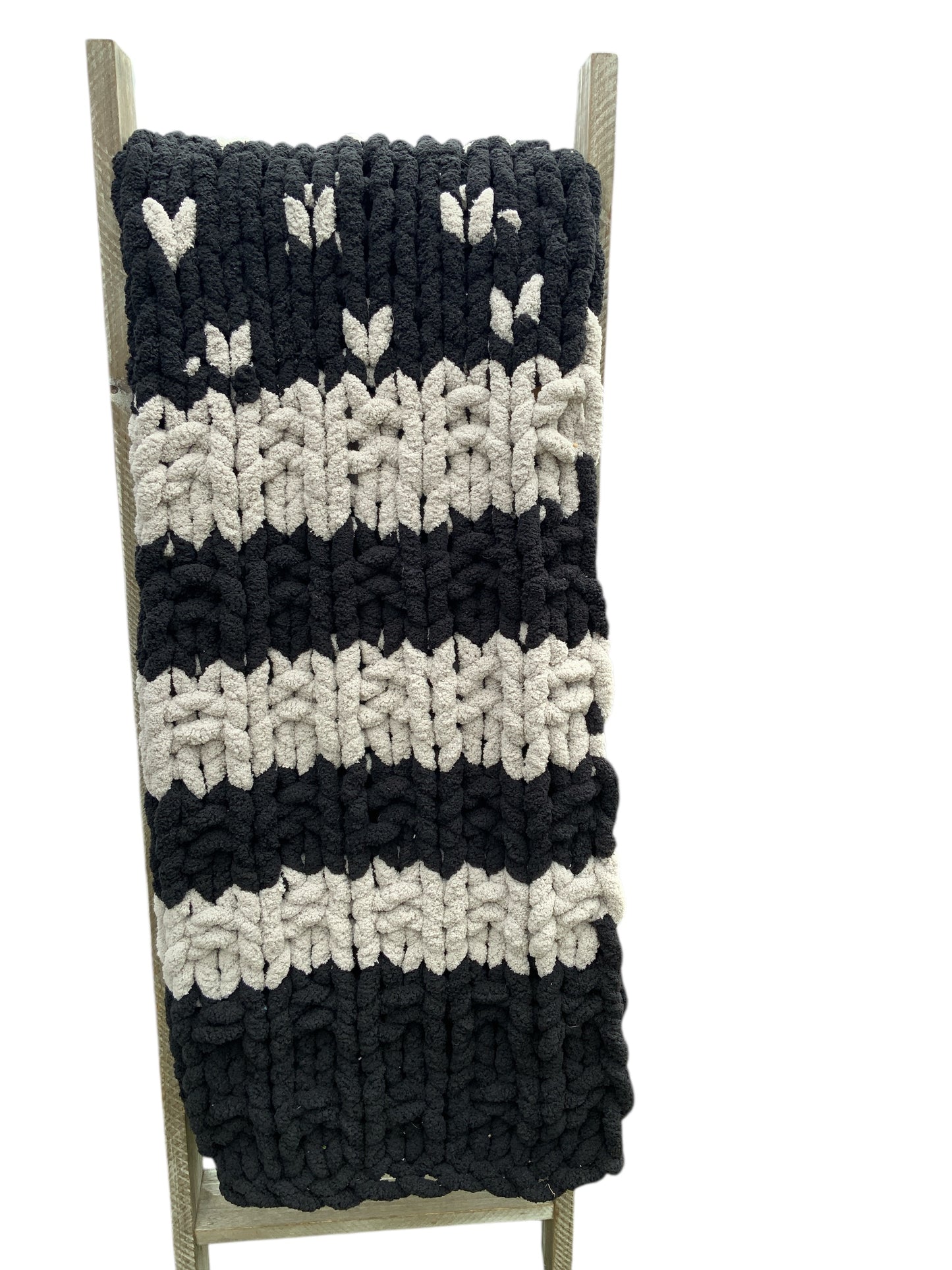 Blanket Hand-Knit Chunky Blanket – Black & Cream Striped Throw with Heart Stitch Design | Cozy Chenille Yarn Blanket | Handmade Home Décor Gift