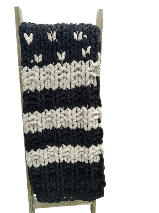 Blanket Hand-Knit Chunky Blanket – Black & Cream Striped Throw with Heart Stitch Design | Cozy Chenille Yarn Blanket | Handmade Home Décor Gift