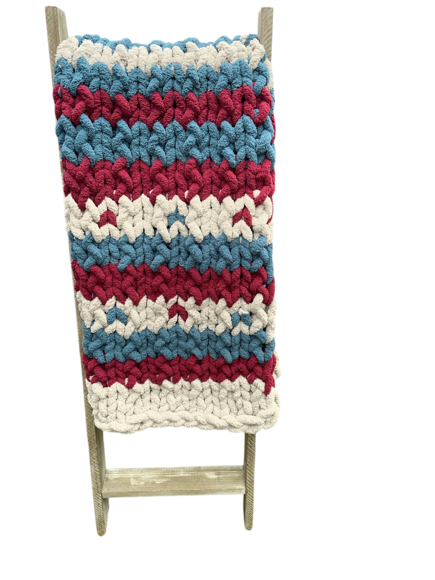 Hand-Knit Chunky Blanket – Cozy Striped Throw in Teal, Burgundy & Cream | Soft Chenille Yarn Lap Blanket | Handmade Home Décor Gift