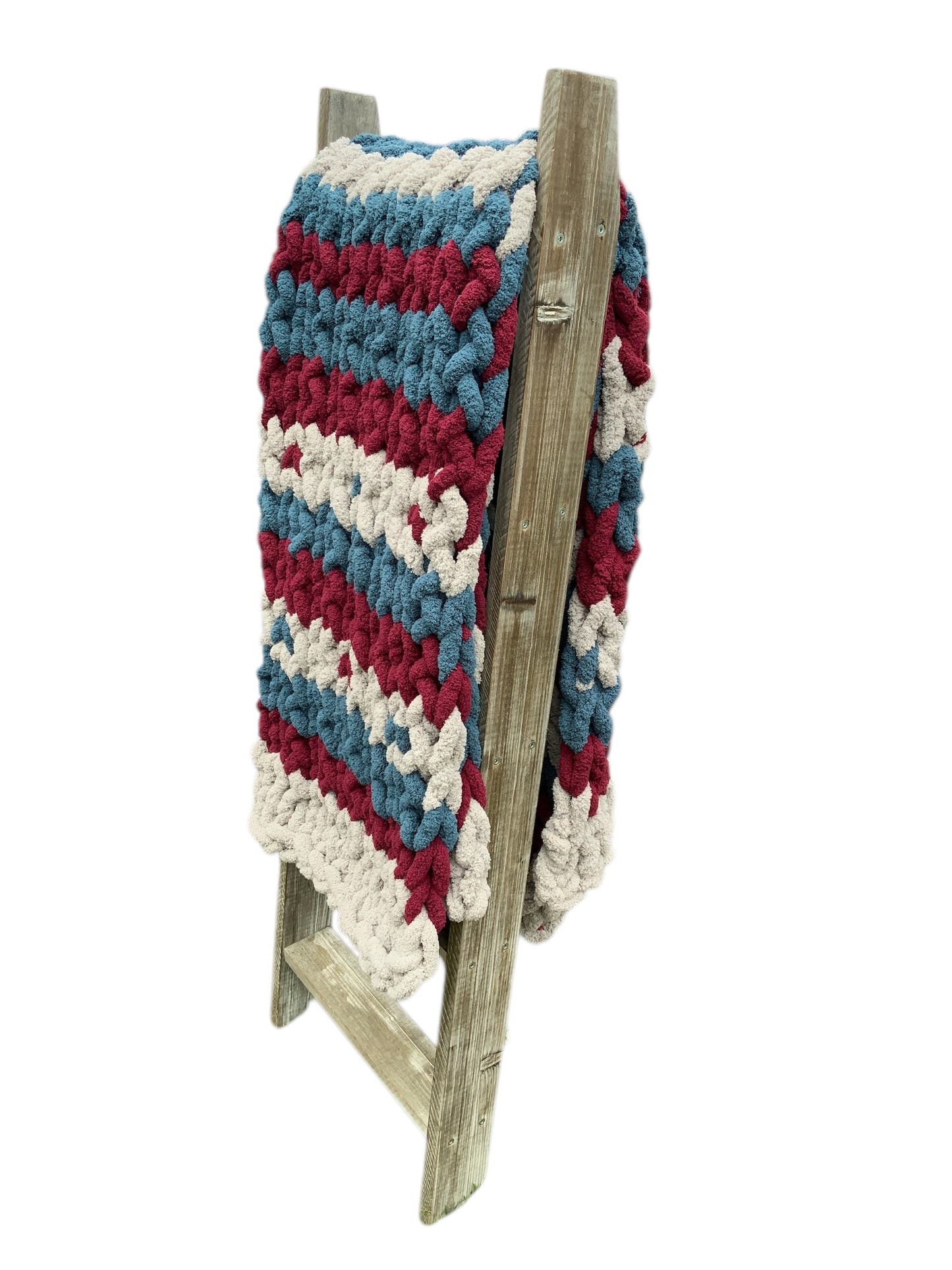 Hand-Knit Chunky Blanket – Cozy Striped Throw in Teal, Burgundy & Cream | Soft Chenille Yarn Lap Blanket | Handmade Home Décor Gift