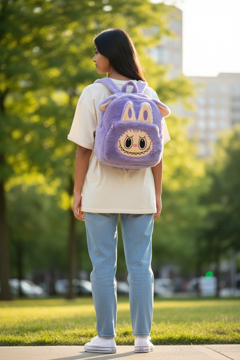 Labubu Plush Backpack – Pink & Purple Fuzzy Character Bag | Kawaii Collectible Backpack for Kids & Fans | Cute Plush Toy Bag