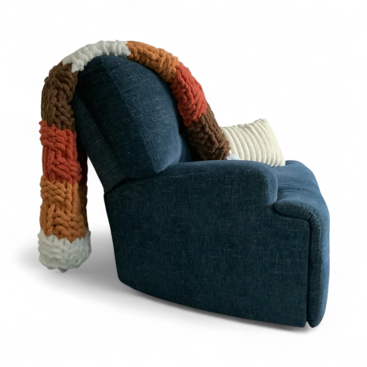 Hand-Knit Chunky Blanket – Autumn Color Block Throw in White, Burnt Orange & Brown | Cozy Chenille Yarn Blanket | Handmade Fall Home Décor Gift